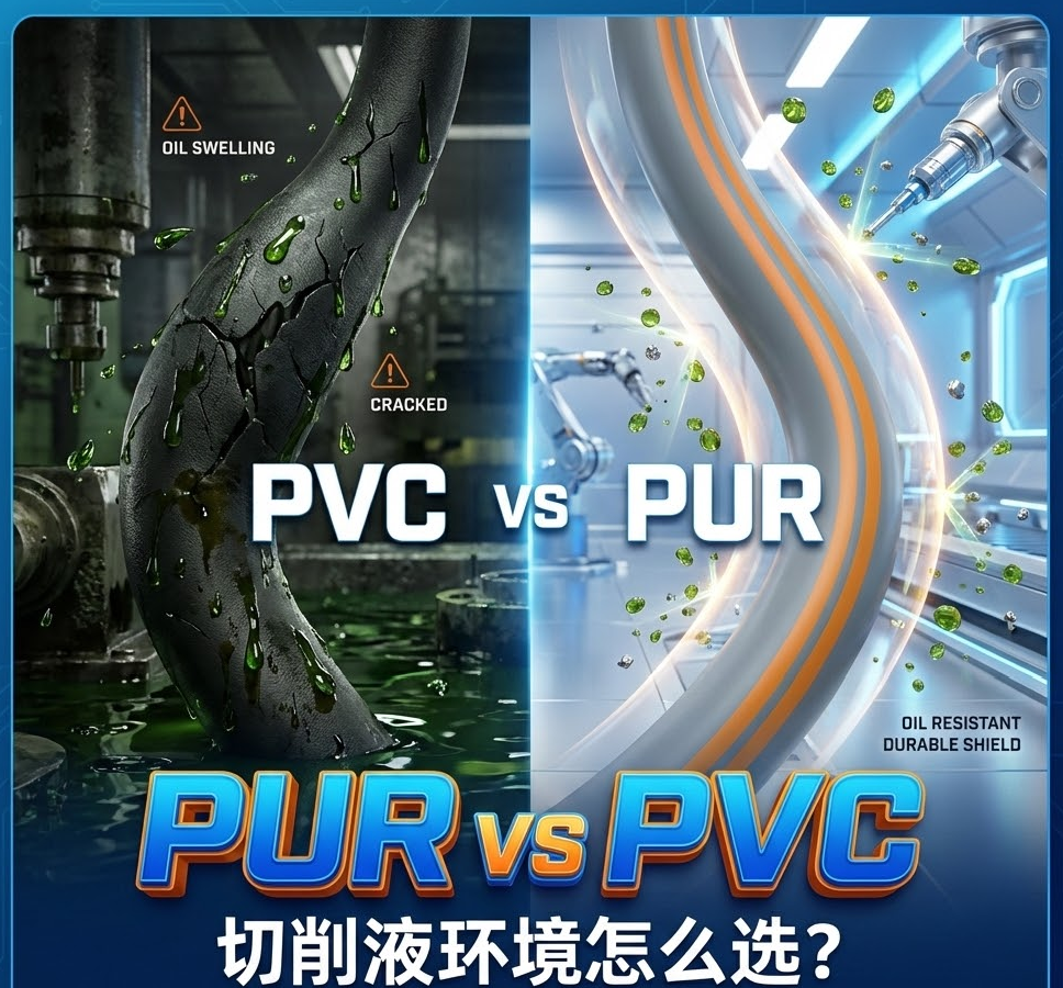 PUR vs PVC：机床切削液情形下，，，，，你的拖链电缆选对护套了吗？？？